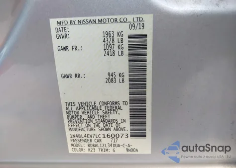 2020 Nissan Altima Sl Fwd from USA, damaged, VIN 1N4BL4EV7LC160073